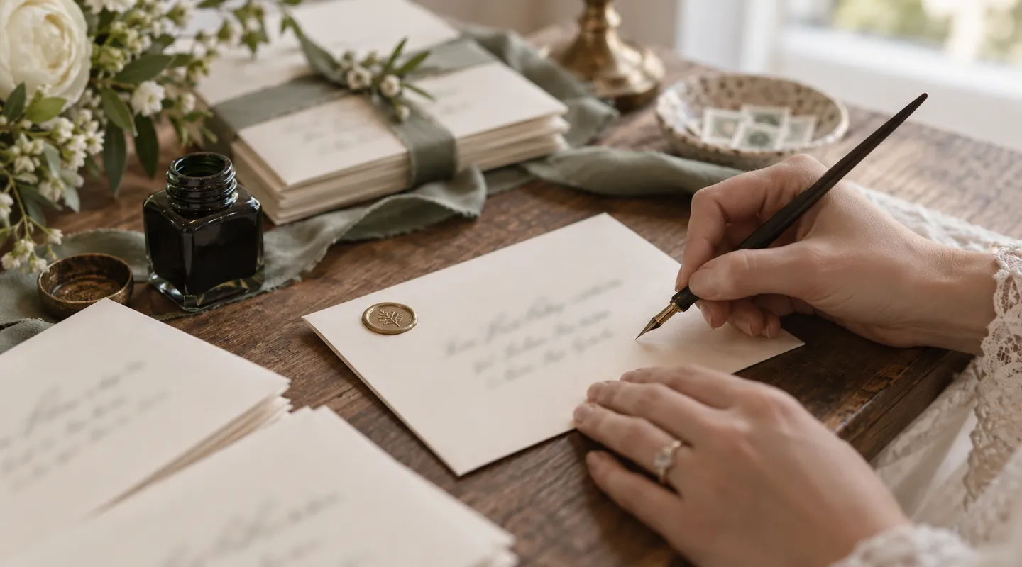 Hands writing on a cream envelope with a calligraphy pen beside an ink bottle and stacked envelopes.