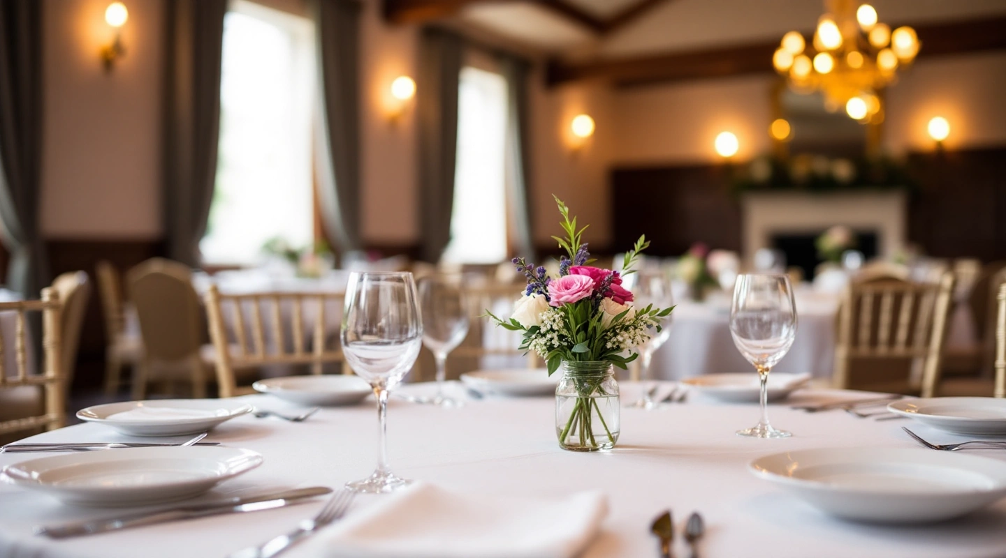 A real wedding reception venue interior with tables set for a meal, natural daylight through windows.