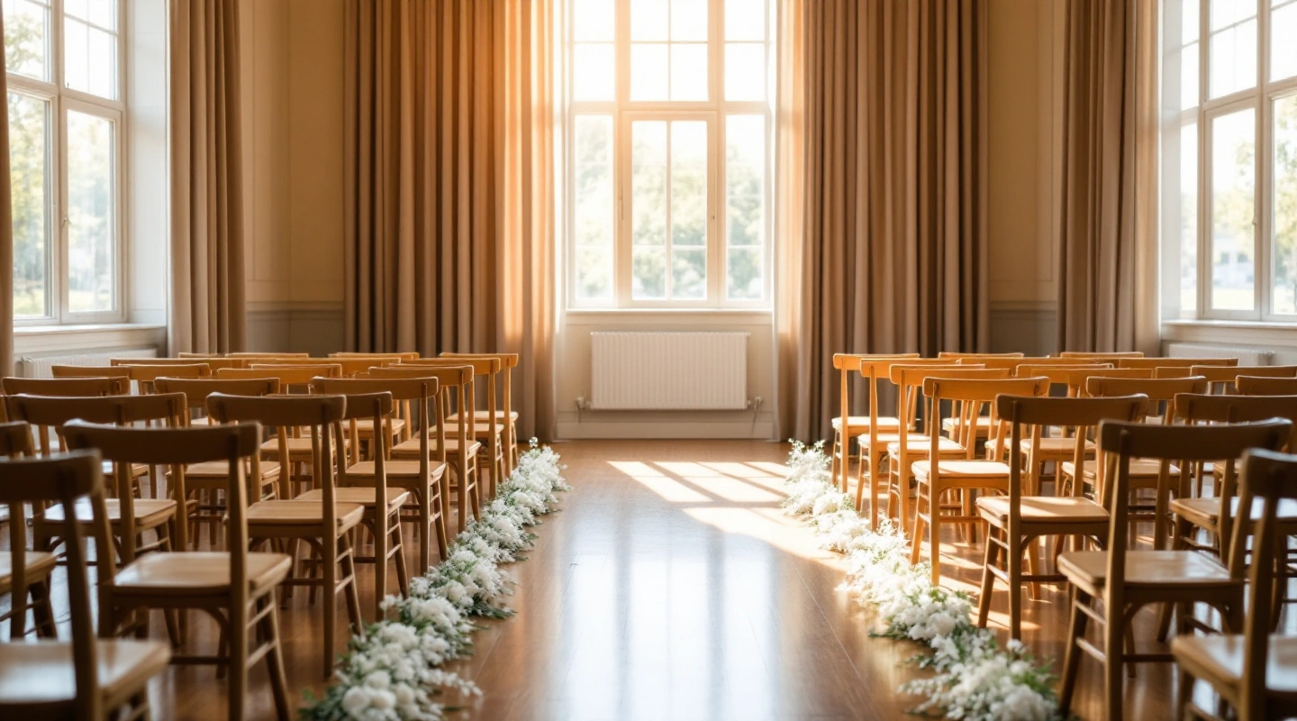 A simple empty ceremony space with a few plain wooden folding chairs arranged in a row.