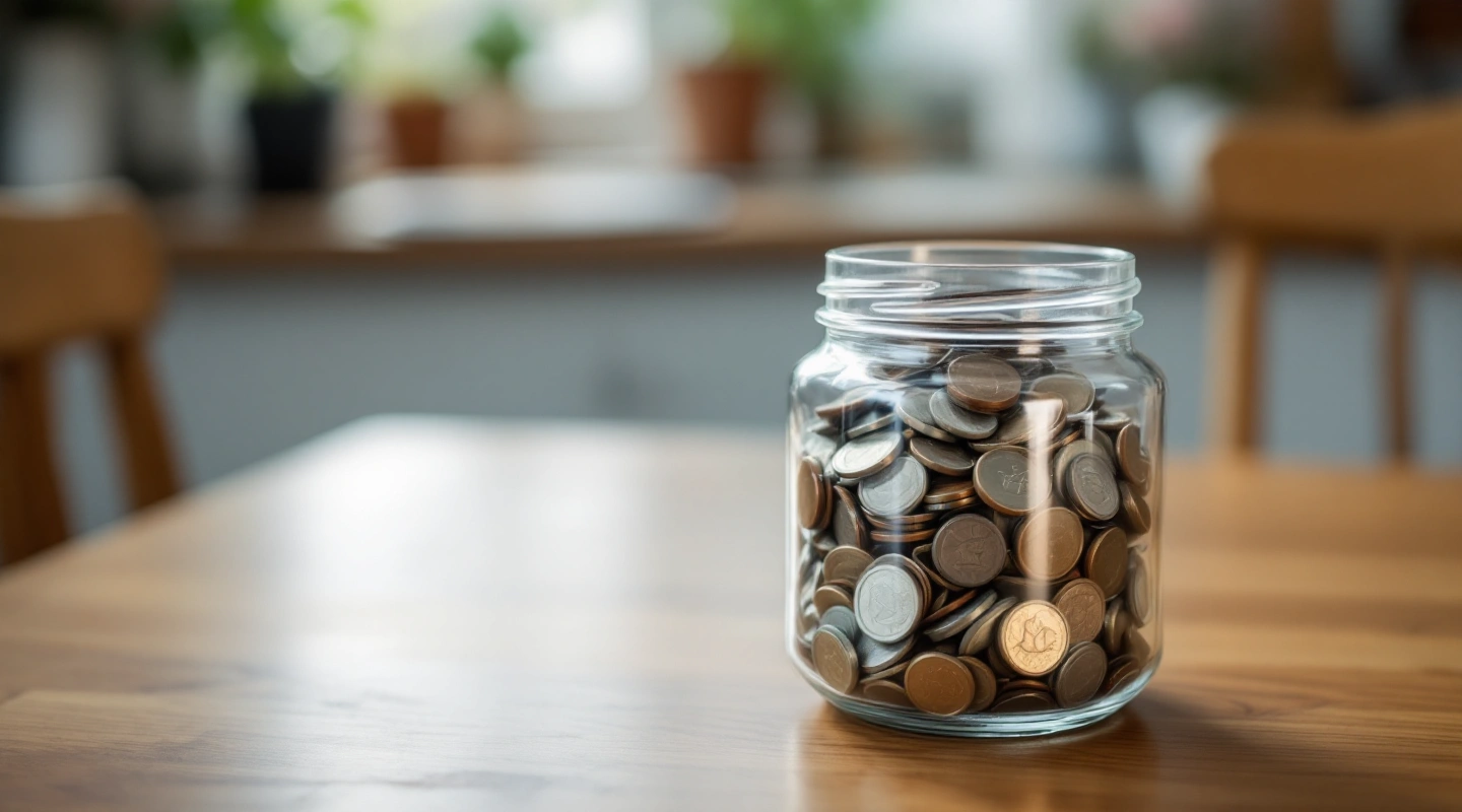 A small glass coin jar beside a few neatly folded linen napkins.