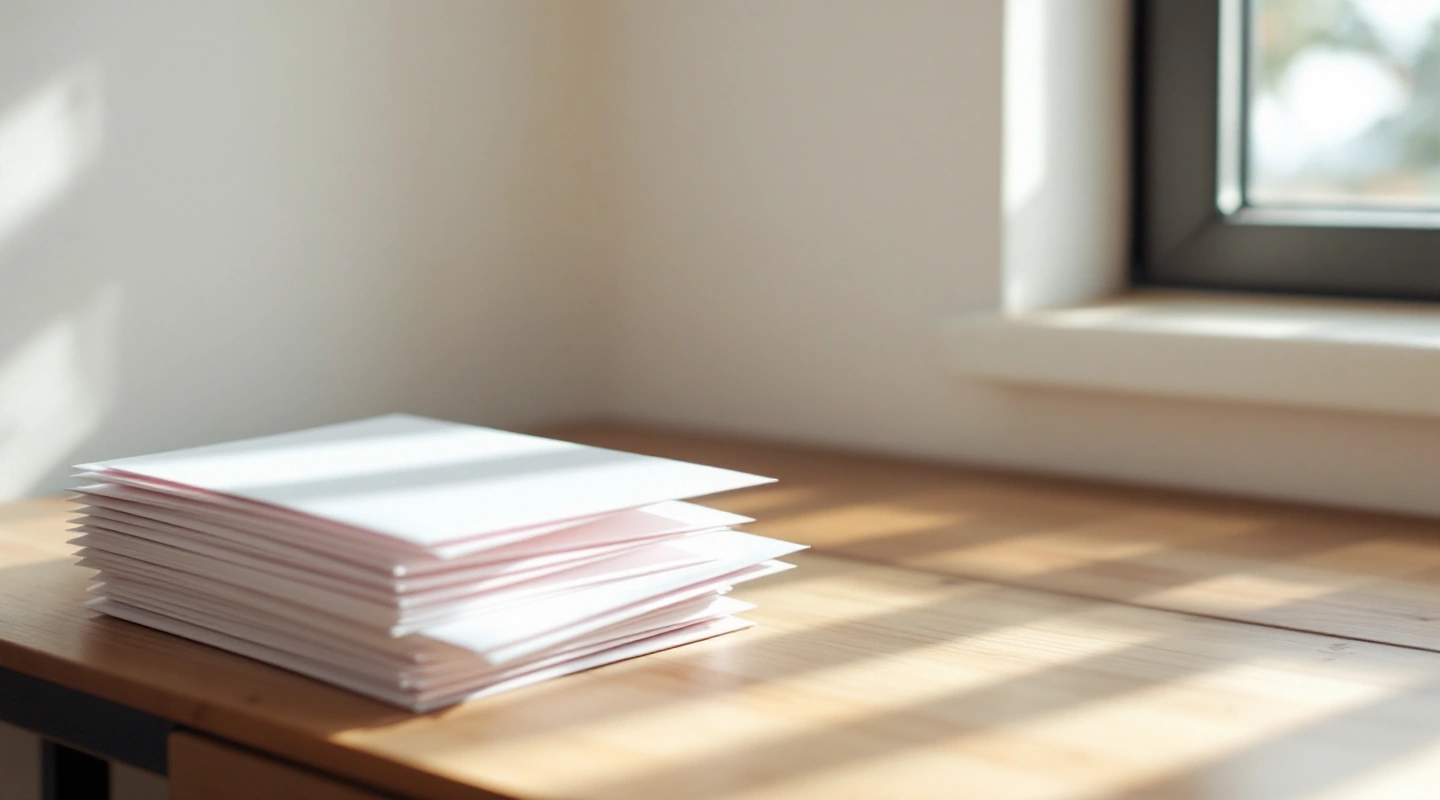 A row of plain envelopes tied shut with ribbon, standing on their edges.