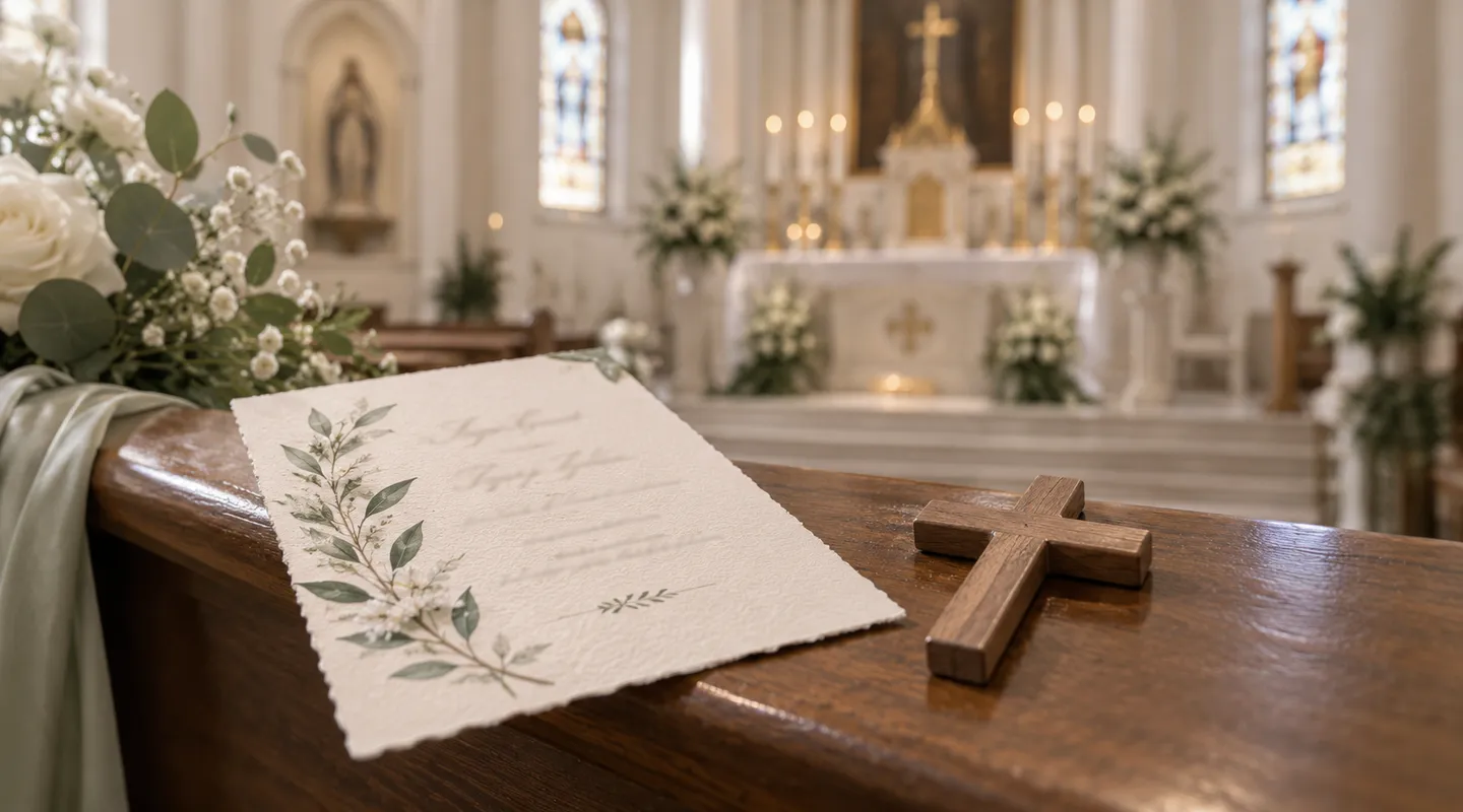 A floral cream invitation beside a plain wooden cross on a pew with a church interior behind it.