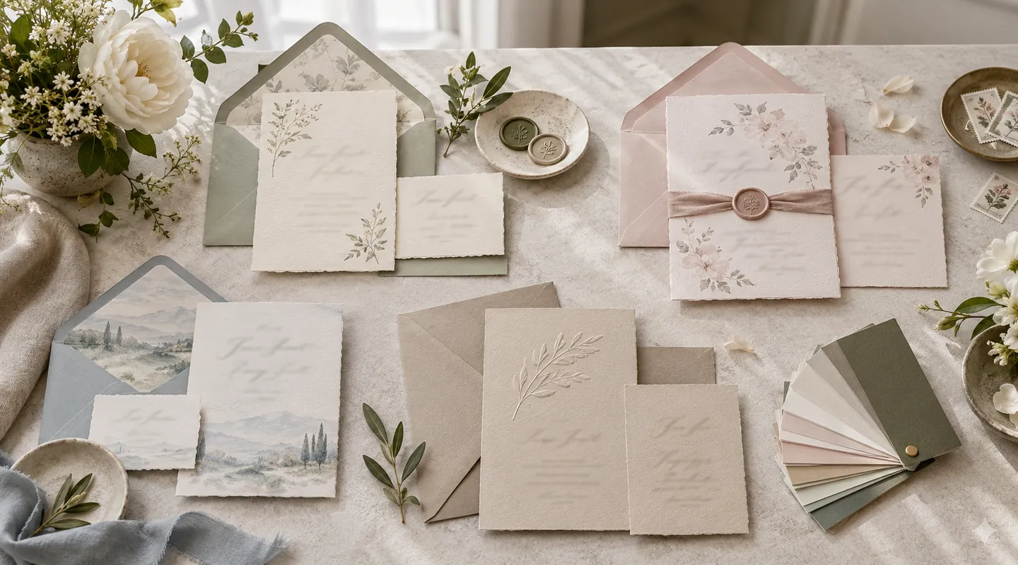 Several sample invitation suites with different floral designs and matching envelopes arranged on a table.