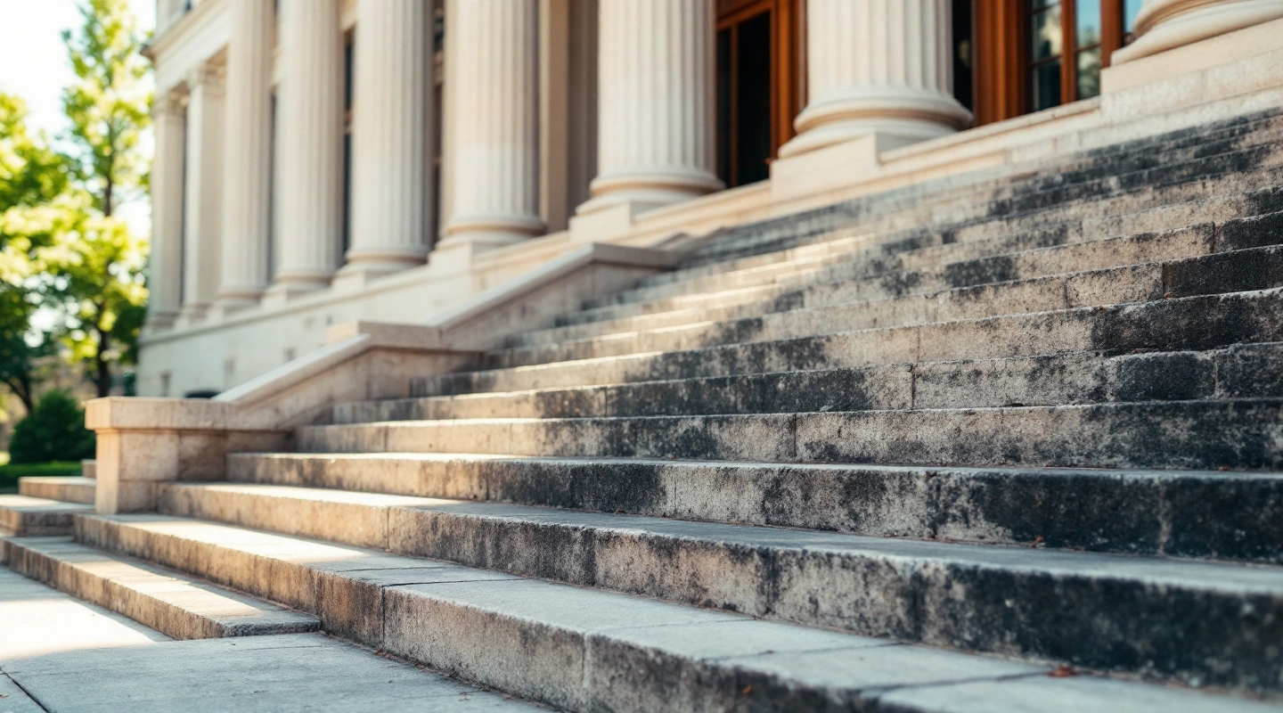 Worn stone courthouse steps with a small simple bouquet resting on one step.