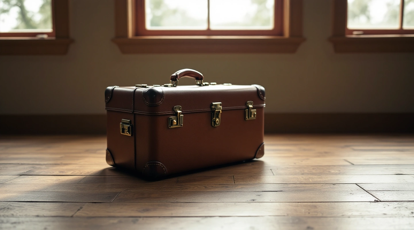 A small vintage suitcase with a single flower stem resting on top.