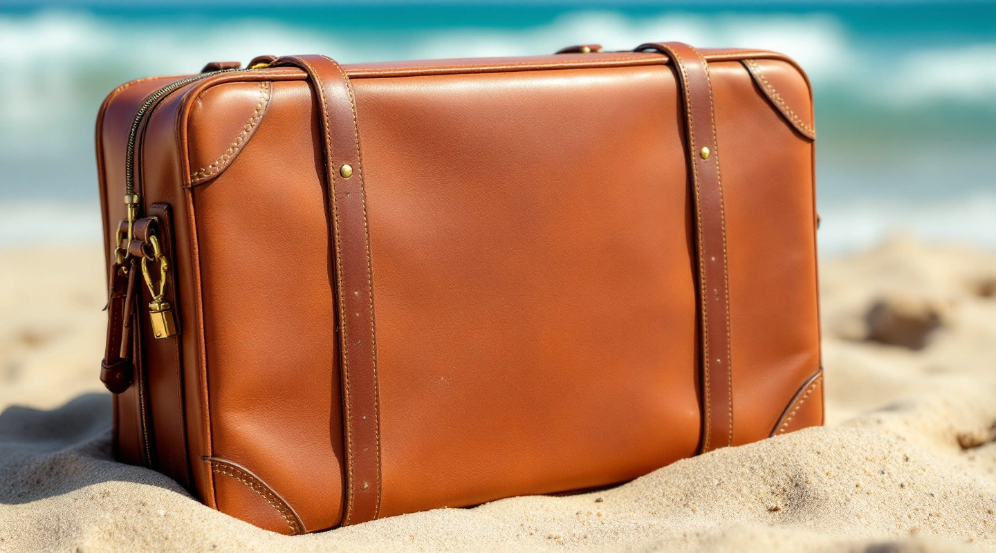 A small vintage suitcase resting on sand with a single flower stem on top.