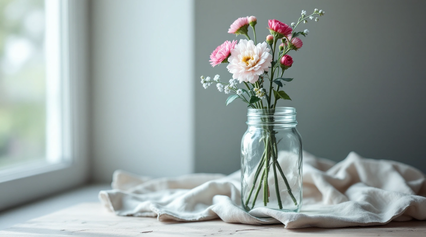 A simple budget bouquet of a few flower stems in a plain mason jar.