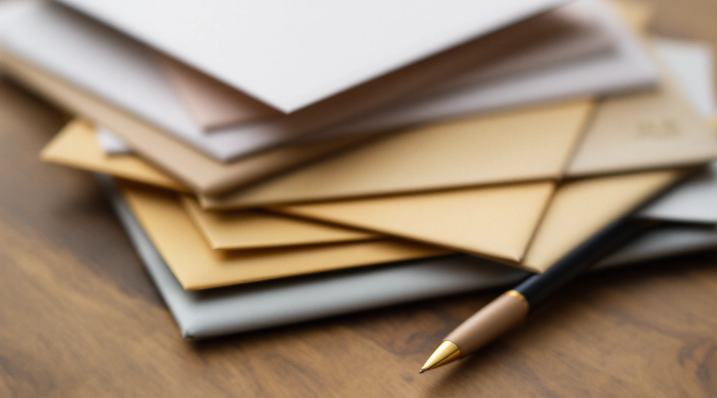 A stack of real wedding invitation envelopes and a pen on a wooden desk.
