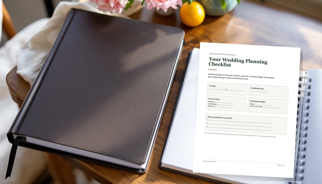 The first page of Highland Wedding's printable checklist resting in an open planning binder on a wooden desk.