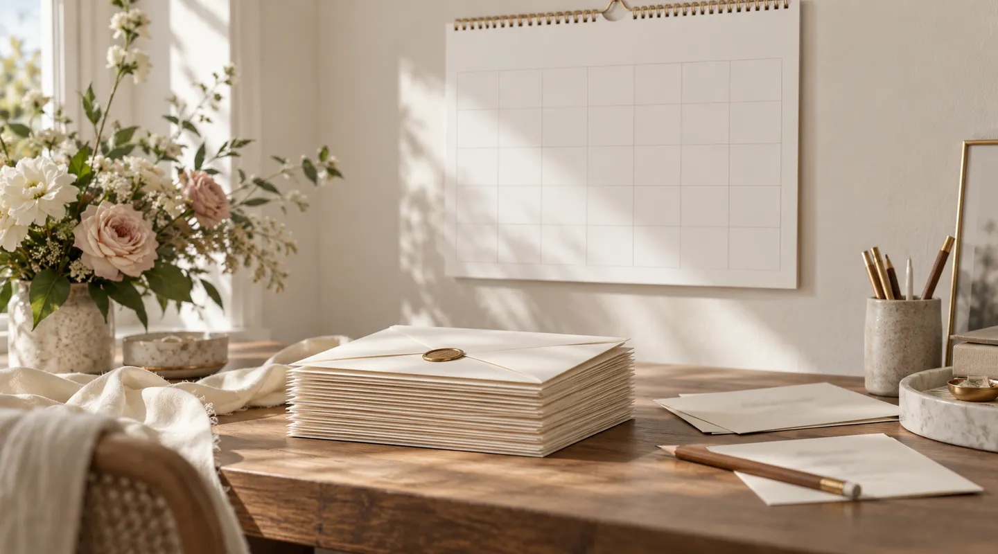 A wall calendar above a desk with a stack of cream envelopes, flowers and pencils.