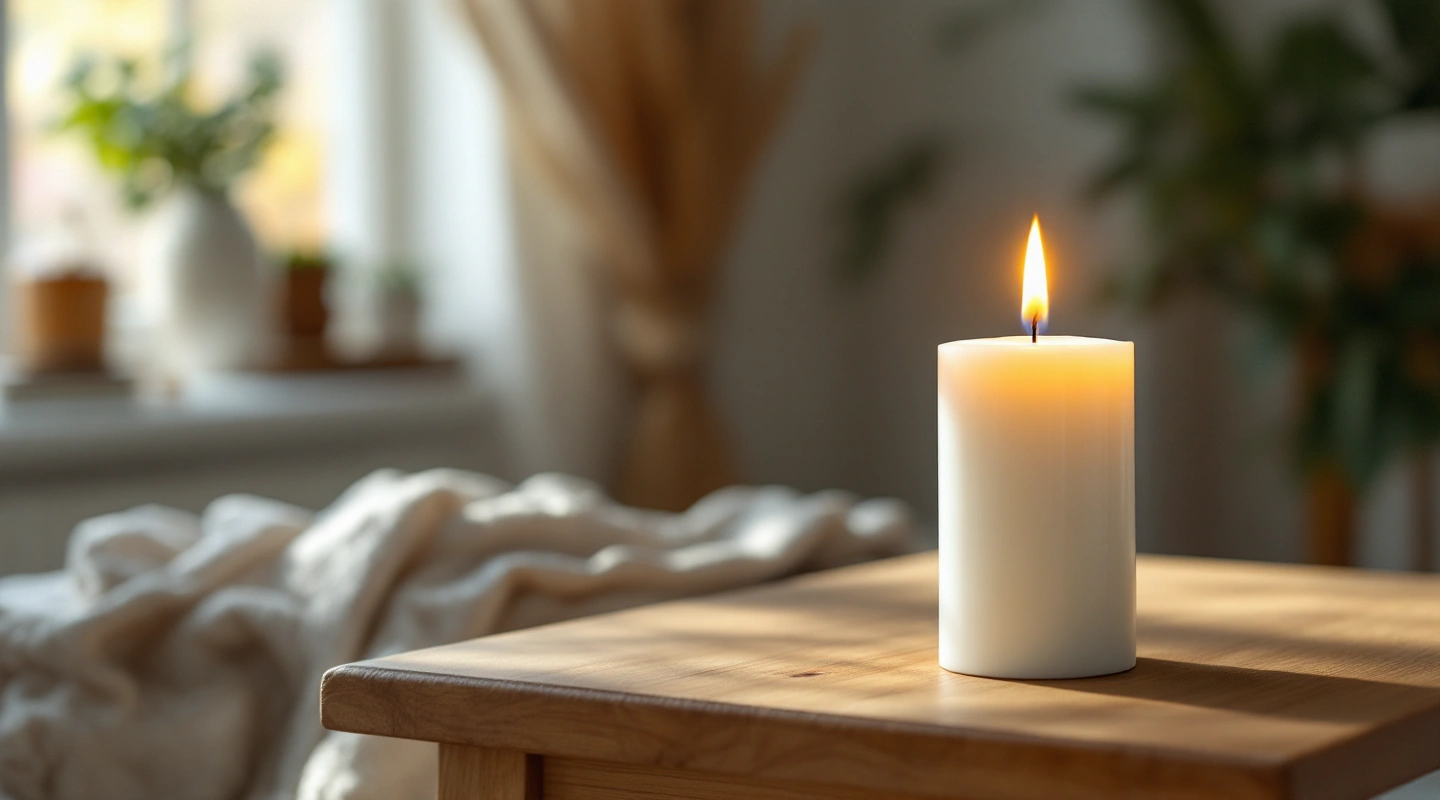 A single lit candle burning on a plain table.