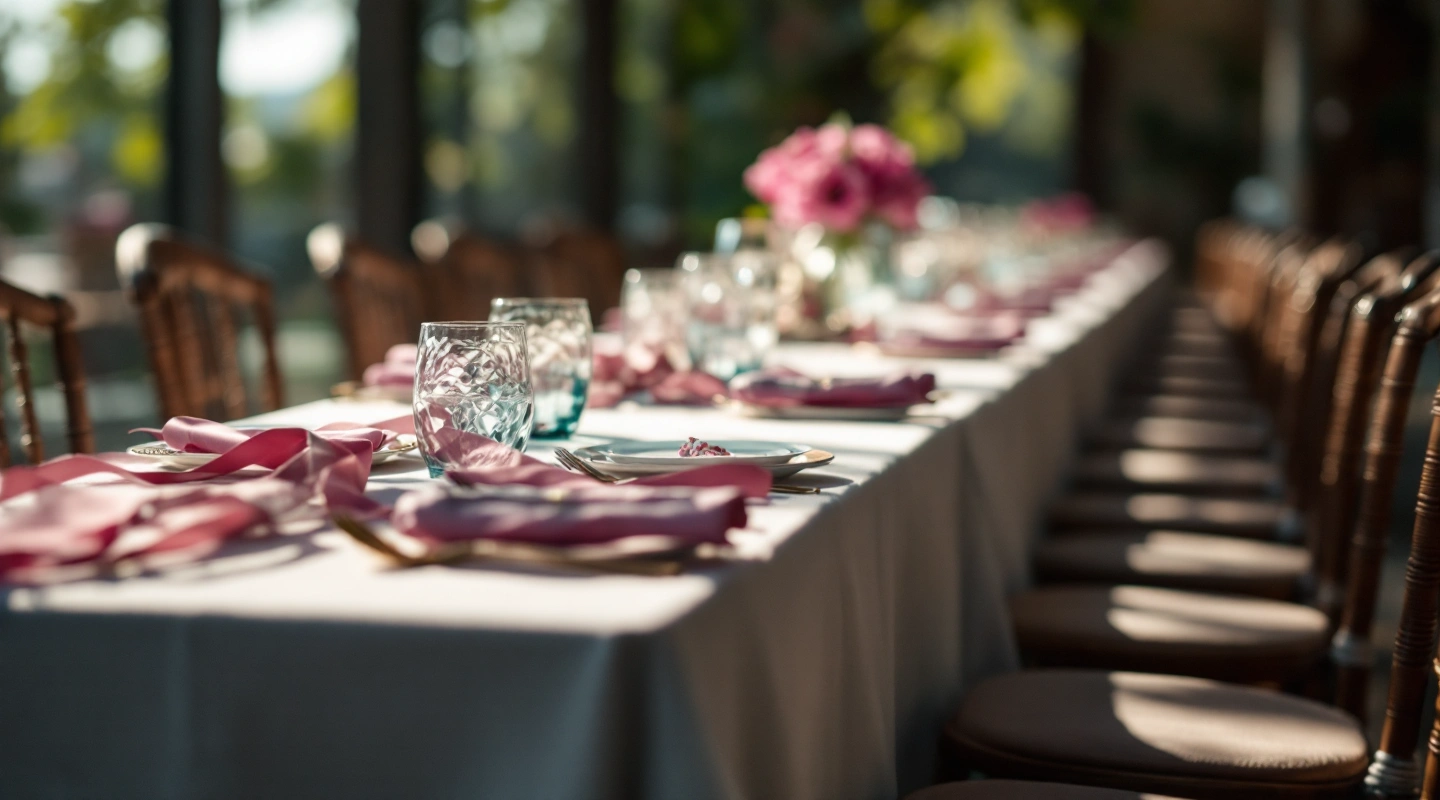 A long banquet table set with empty chairs stretching into the distance.