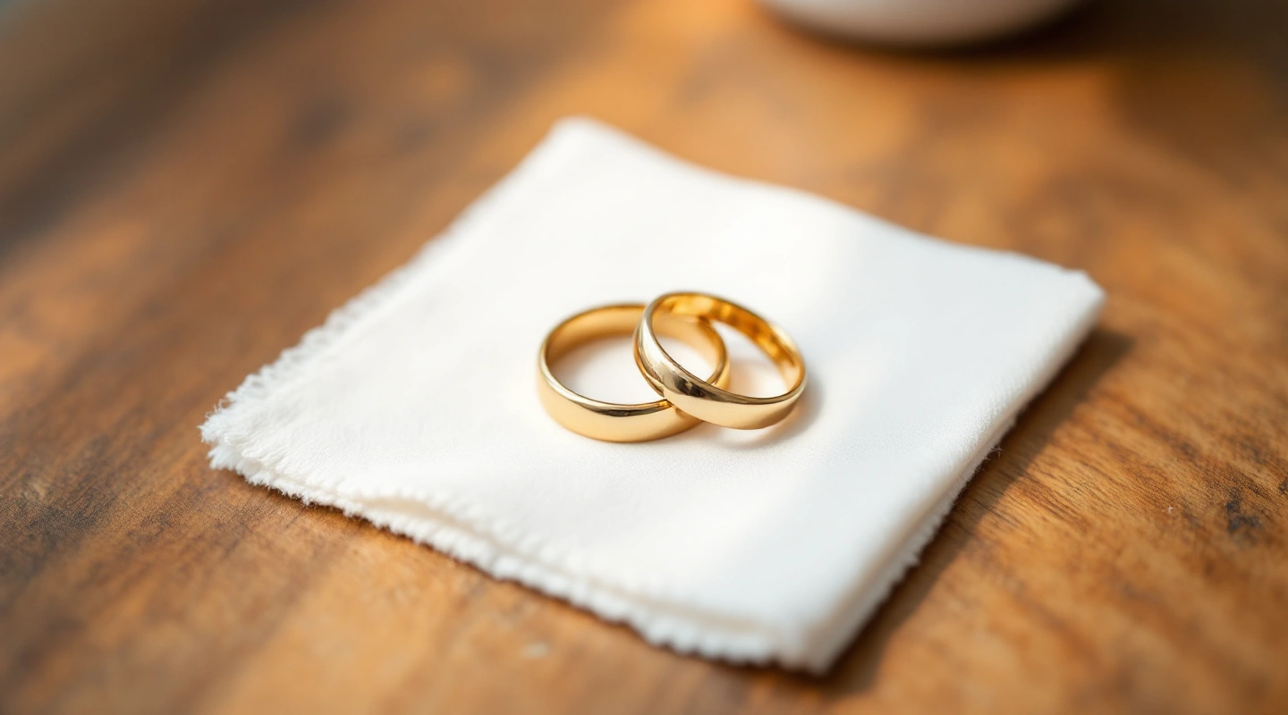 Two plain wedding rings resting on a small square of velvet fabric.