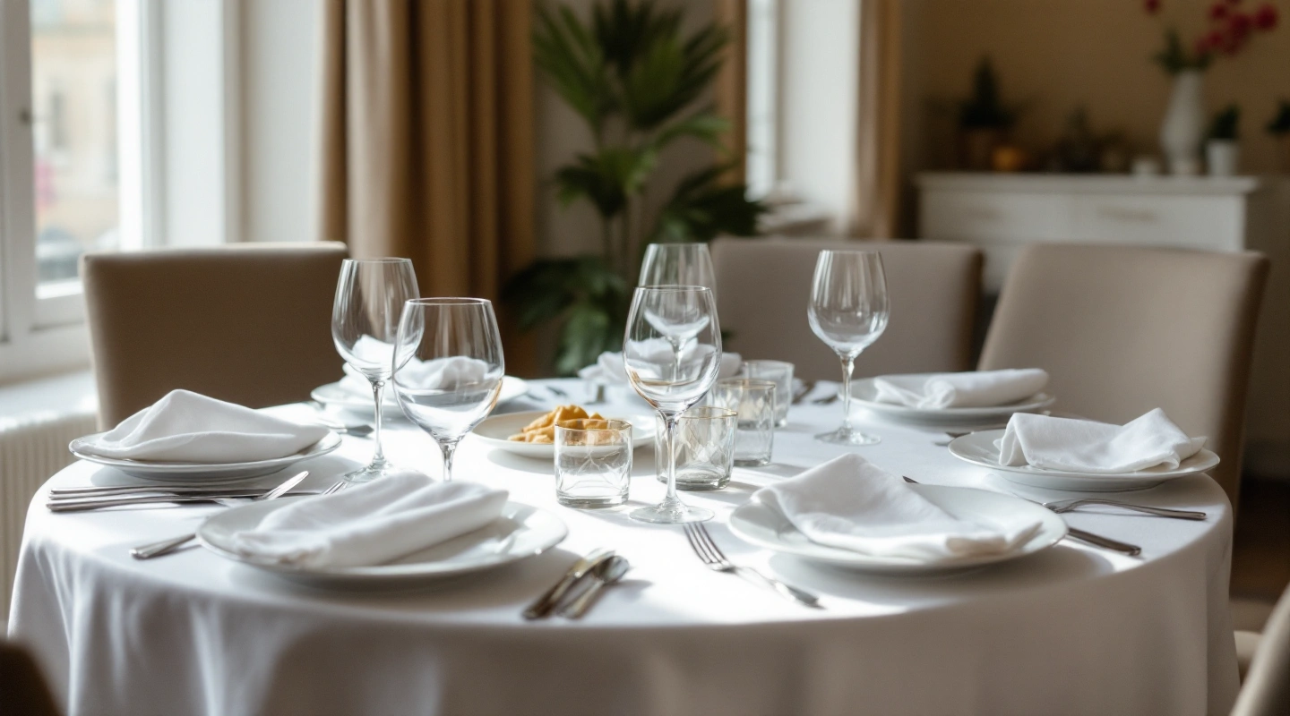 A round banquet table seen from above, set with plain white plates and no place cards yet.