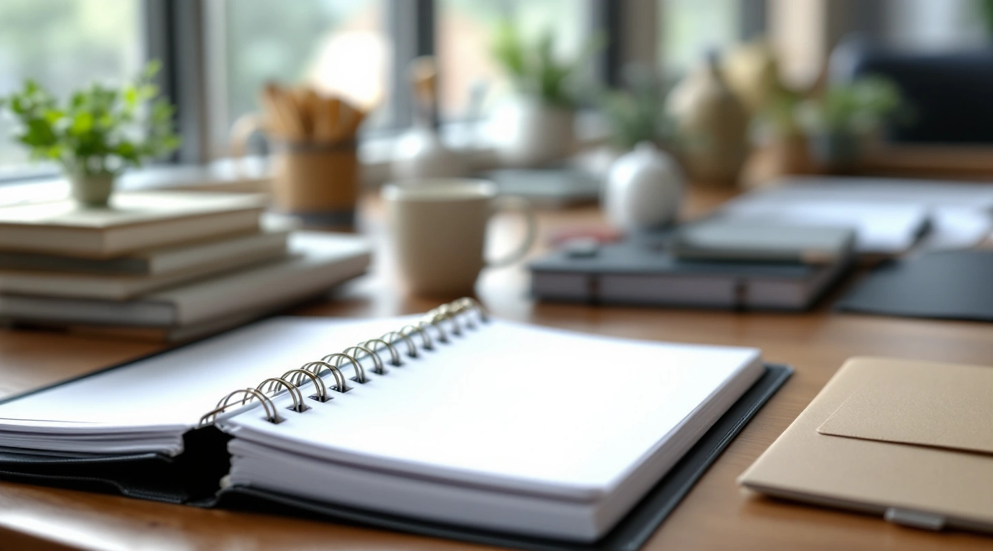 A stack of plain blank ring binders on a table.