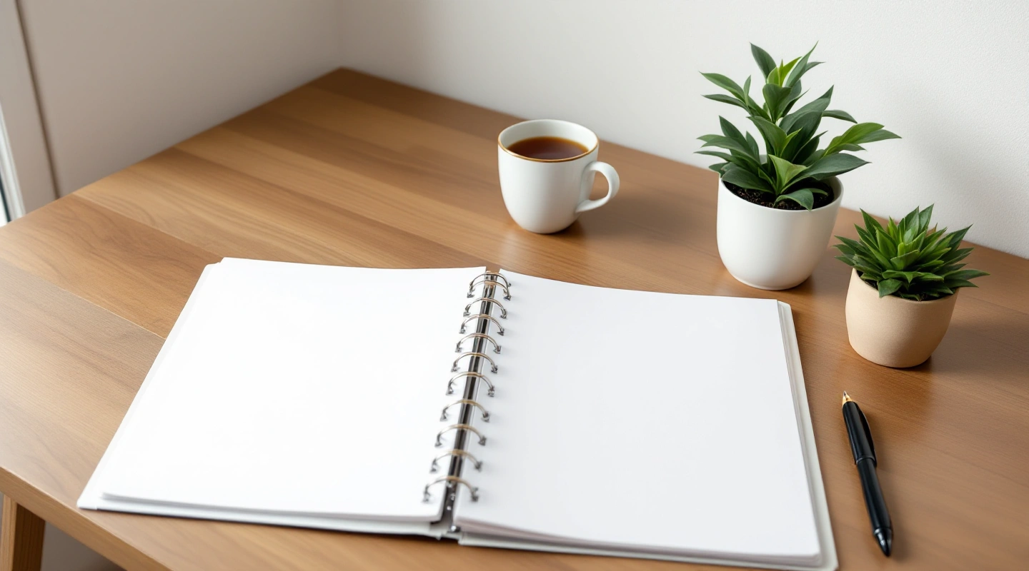 An open blank planning binder, a cup of tea and a small potted plant on a wooden desk.