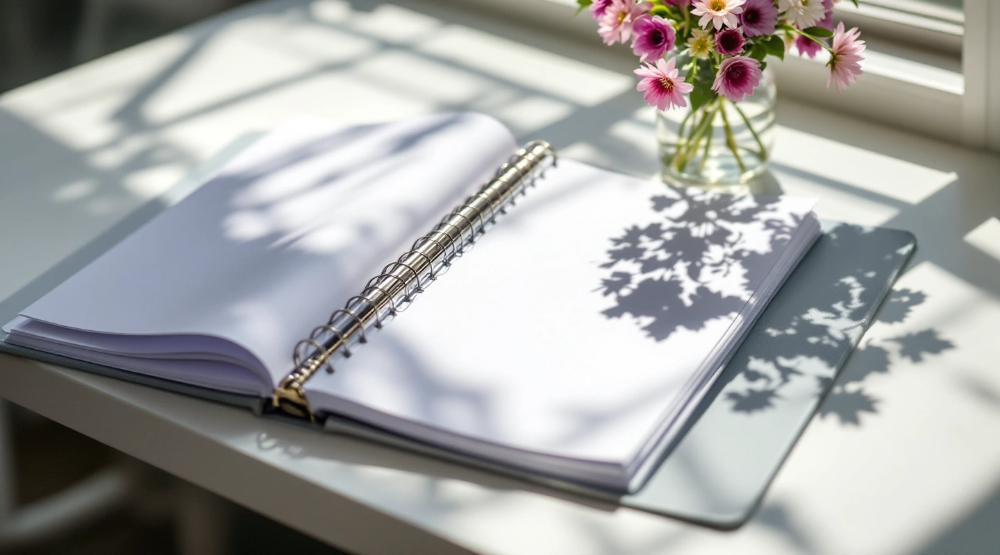 An open blank folio with a few loose paper cutouts and one pencil resting beside it.
