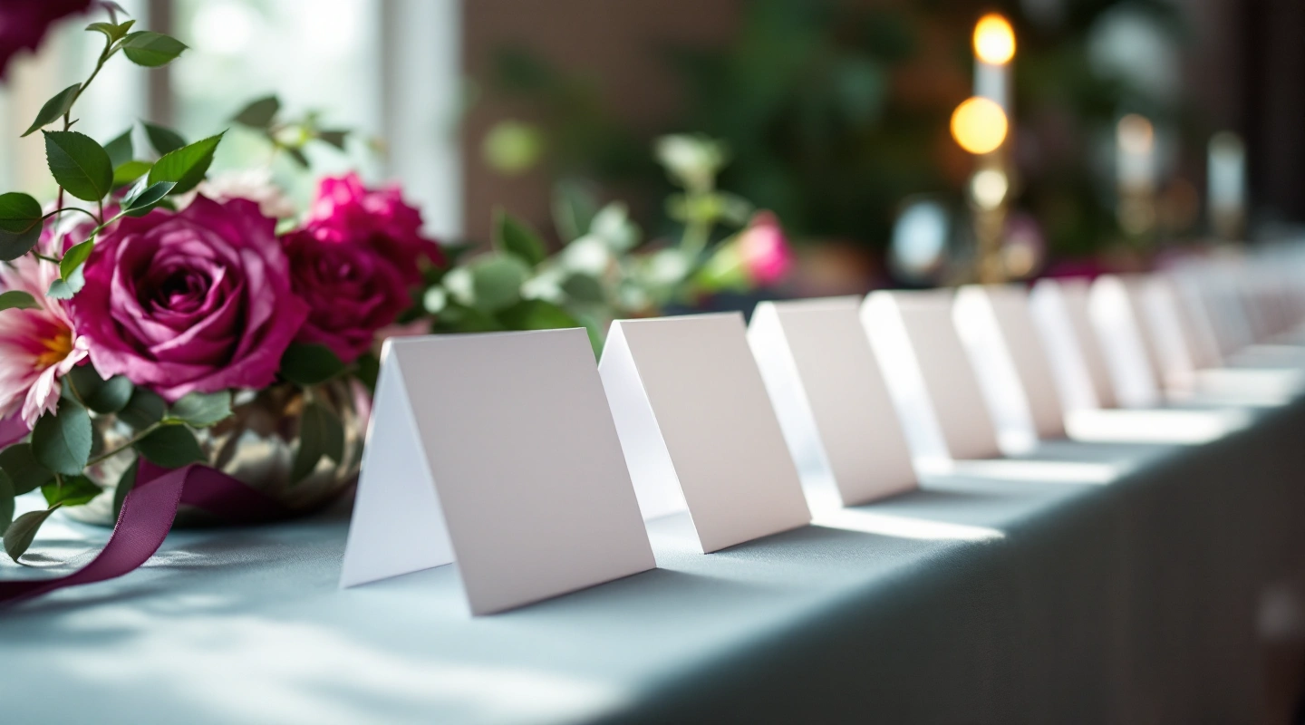 A long rectangular reception table set with a row of blank place cards standing upright.
