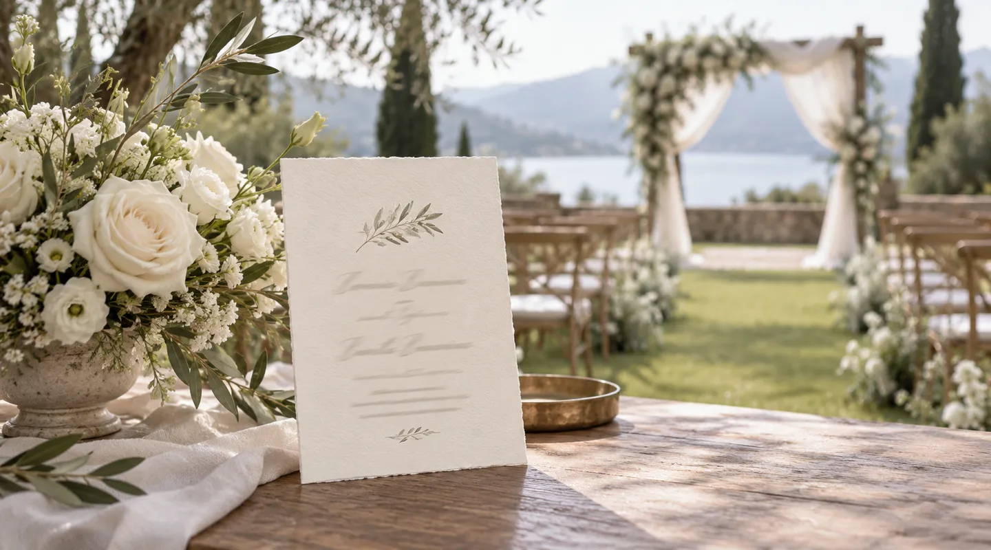 A cream invitation on a wooden table beside flowers with an outdoor ceremony arch and chairs behind it.