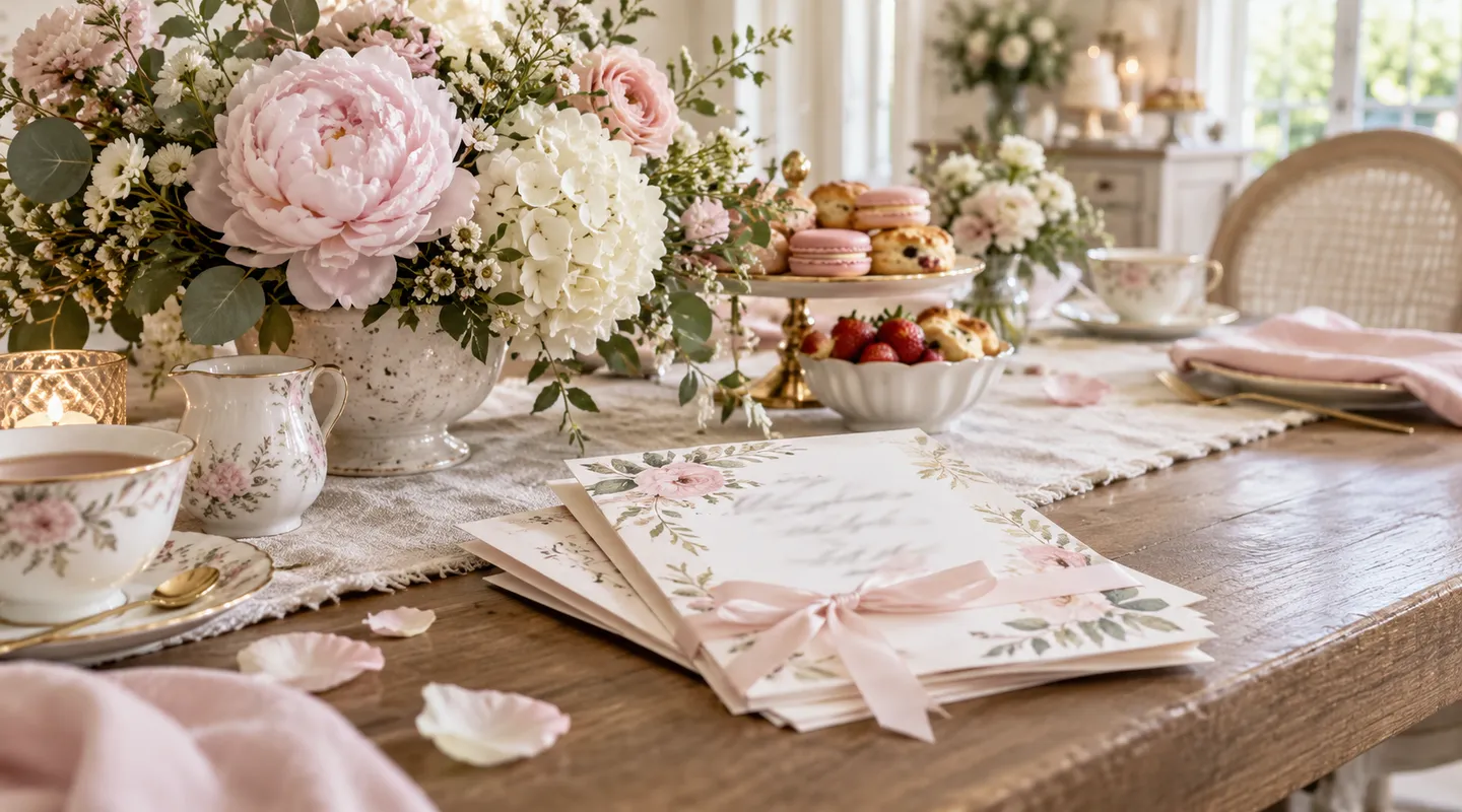 Floral shower invitation cards on a brunch table with teacups, cakes and pink flowers.