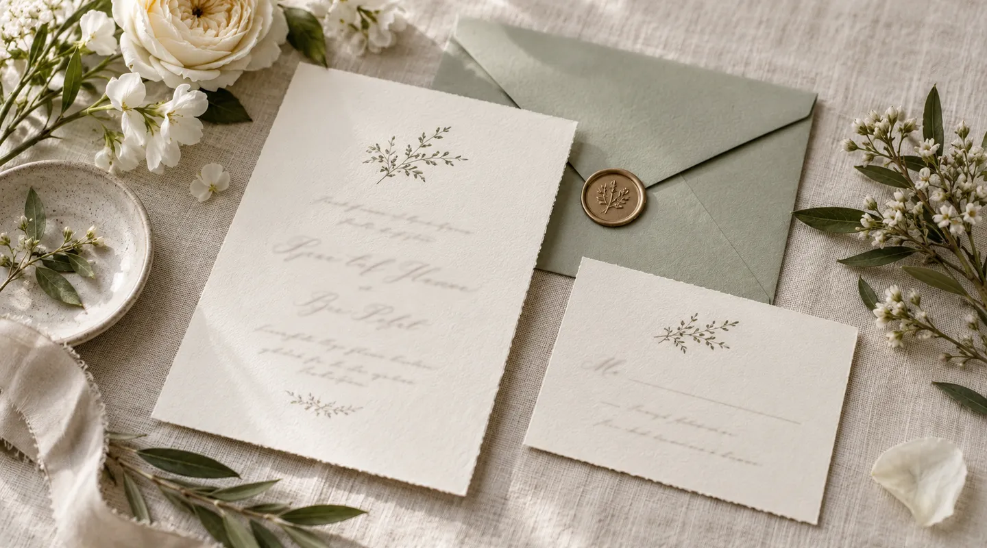 A cream wedding invitation, small response card and sage envelope on linen beside white flowers.