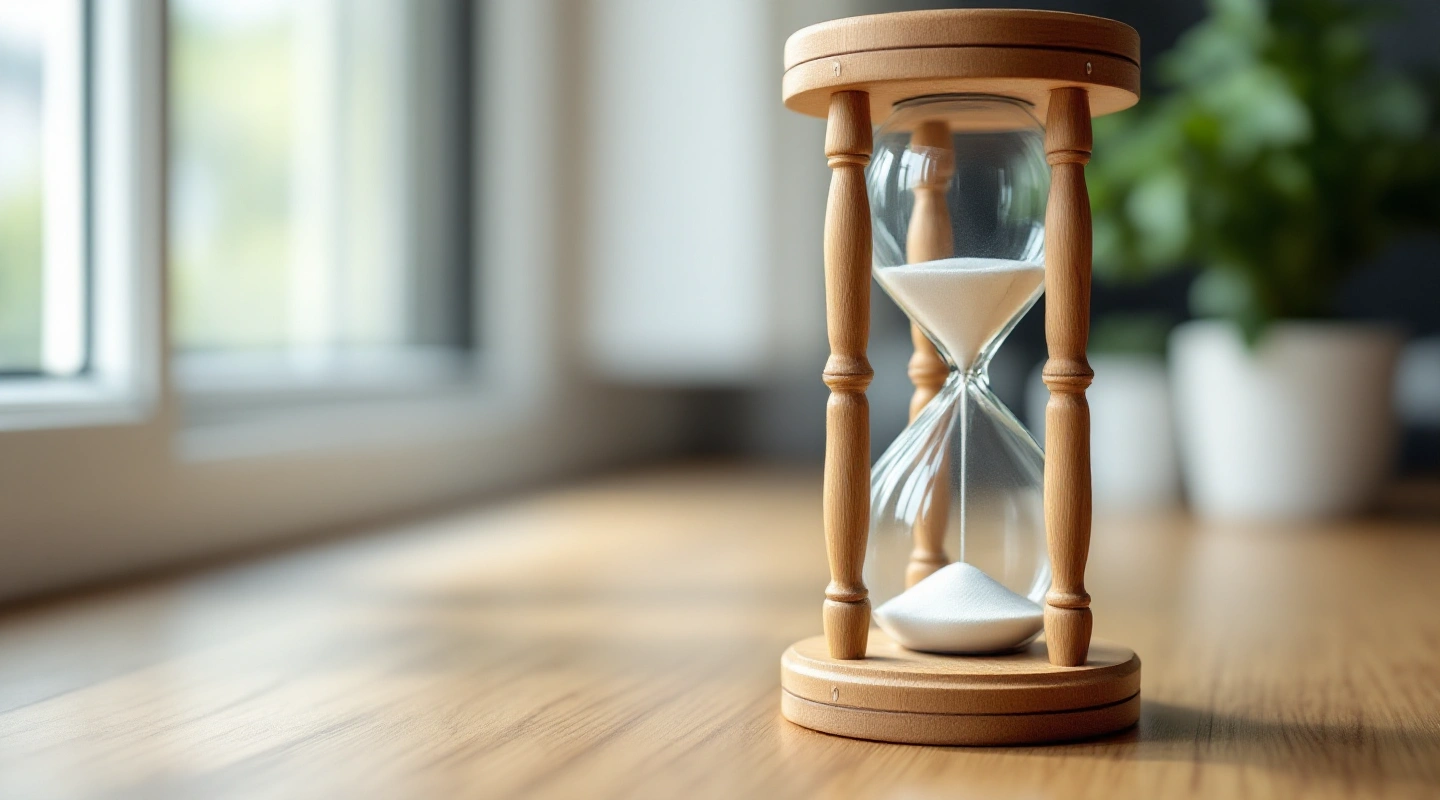 A small hourglass sitting on a plain linen tablecloth.