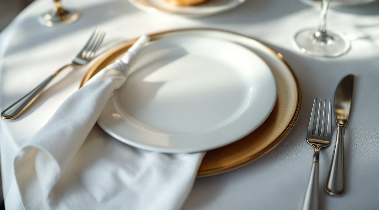 A single gold-rimmed empty place setting on a formal table.