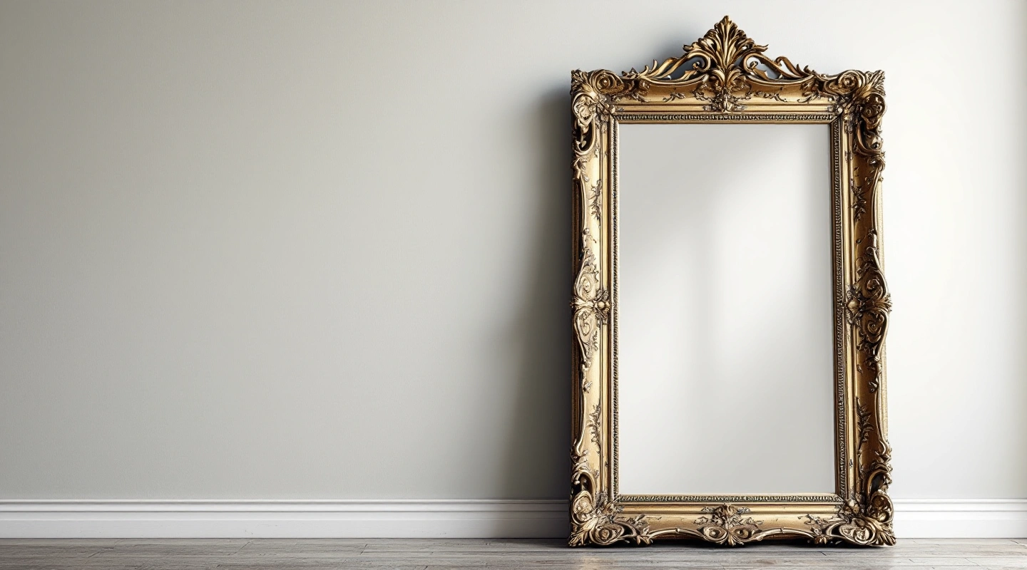 An ornate empty vintage mirror frame leaning against a plain wall.