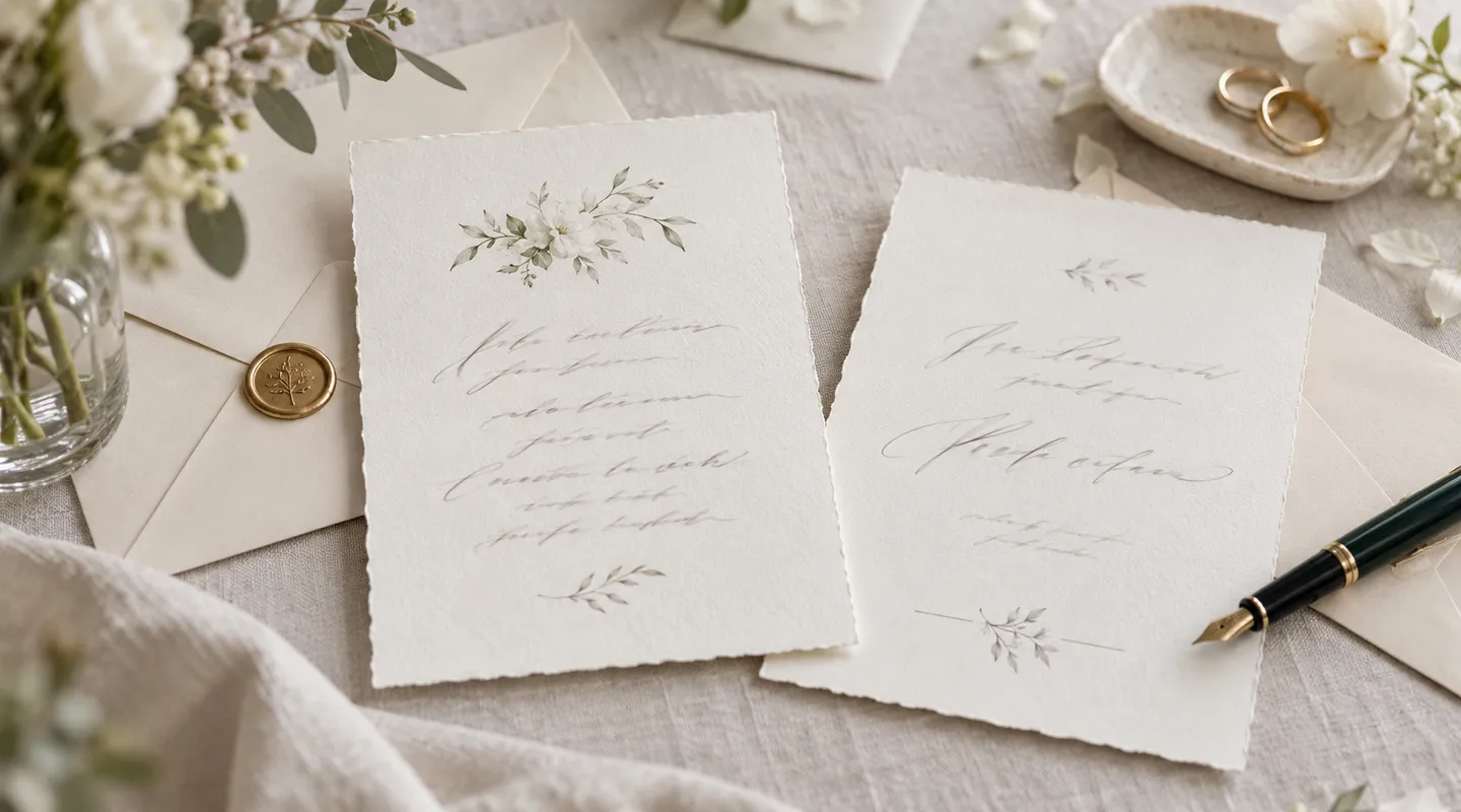 Two cream invitation cards with indistinct script beside envelopes and a fountain pen.