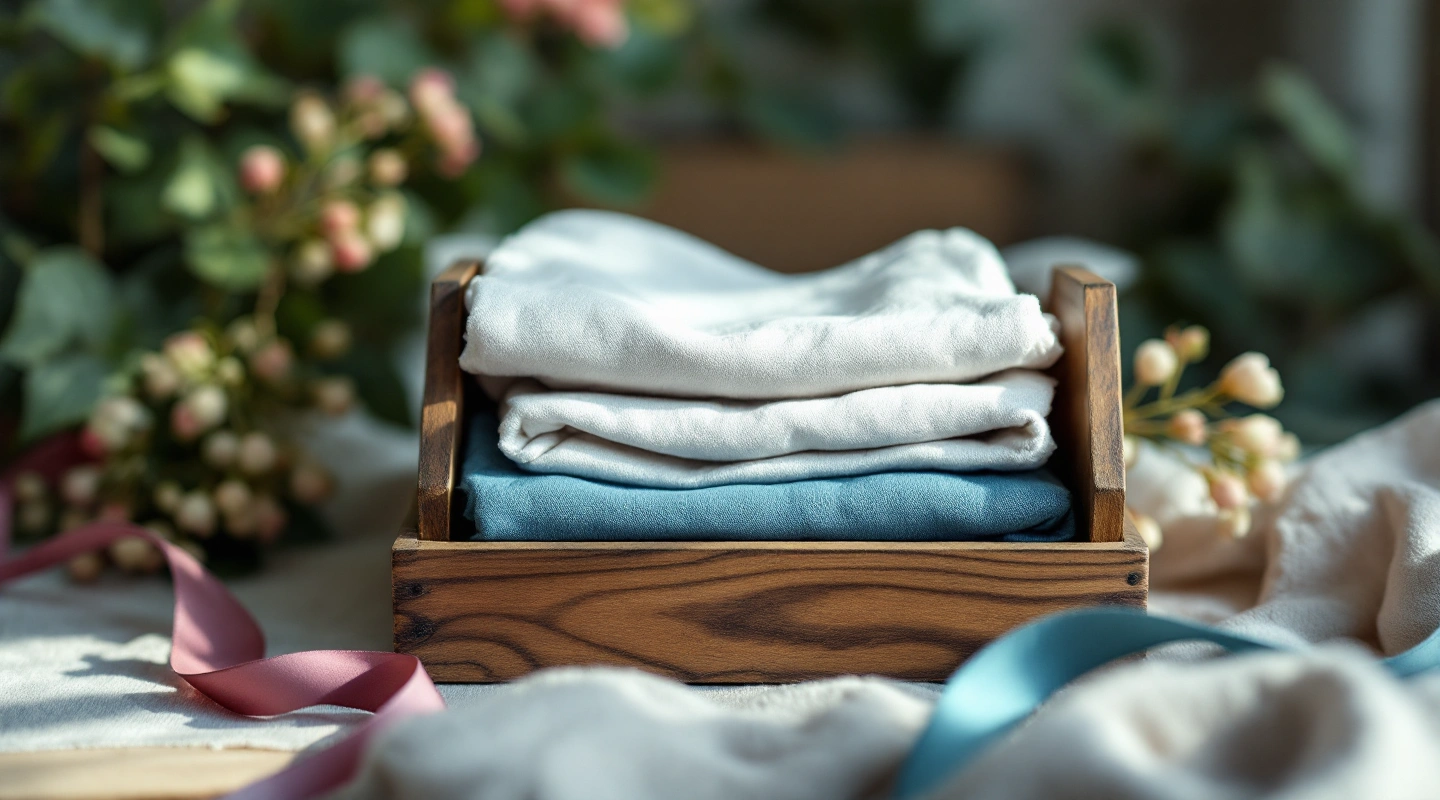 A small wooden organizer box with a few folded linen napkins inside.