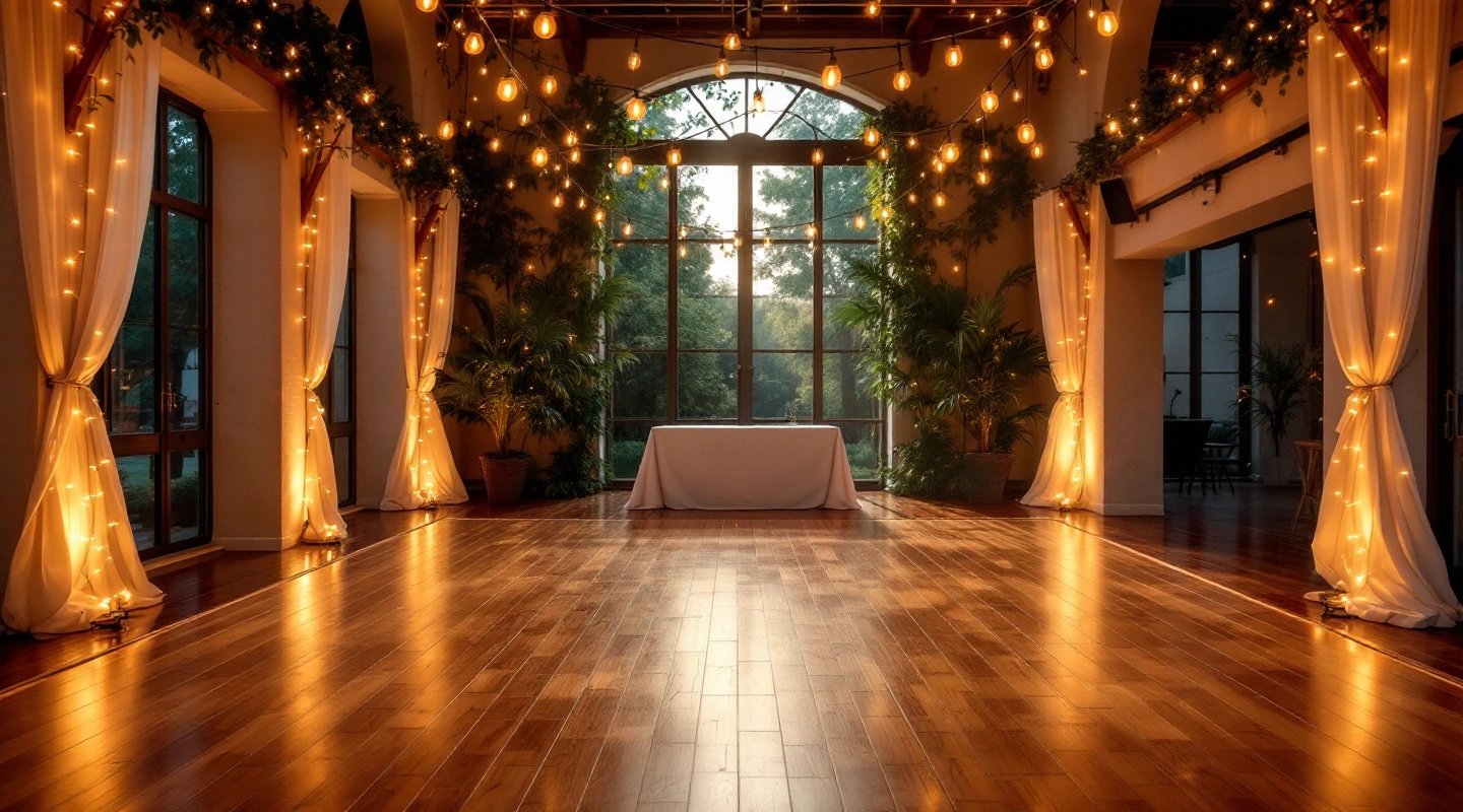 An empty dance floor with string lights hanging overhead.