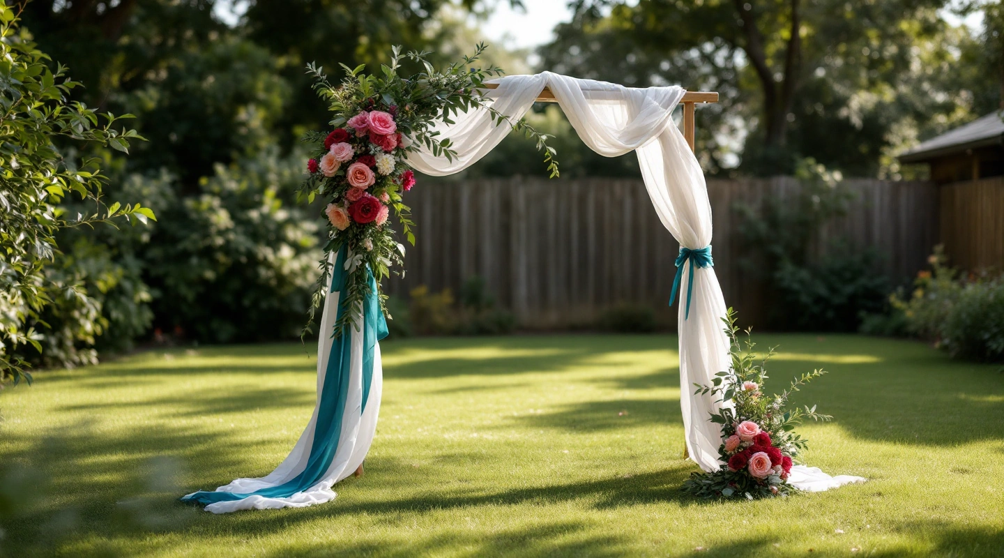 A simple backyard ceremony arch with a few empty folding chairs on grass.