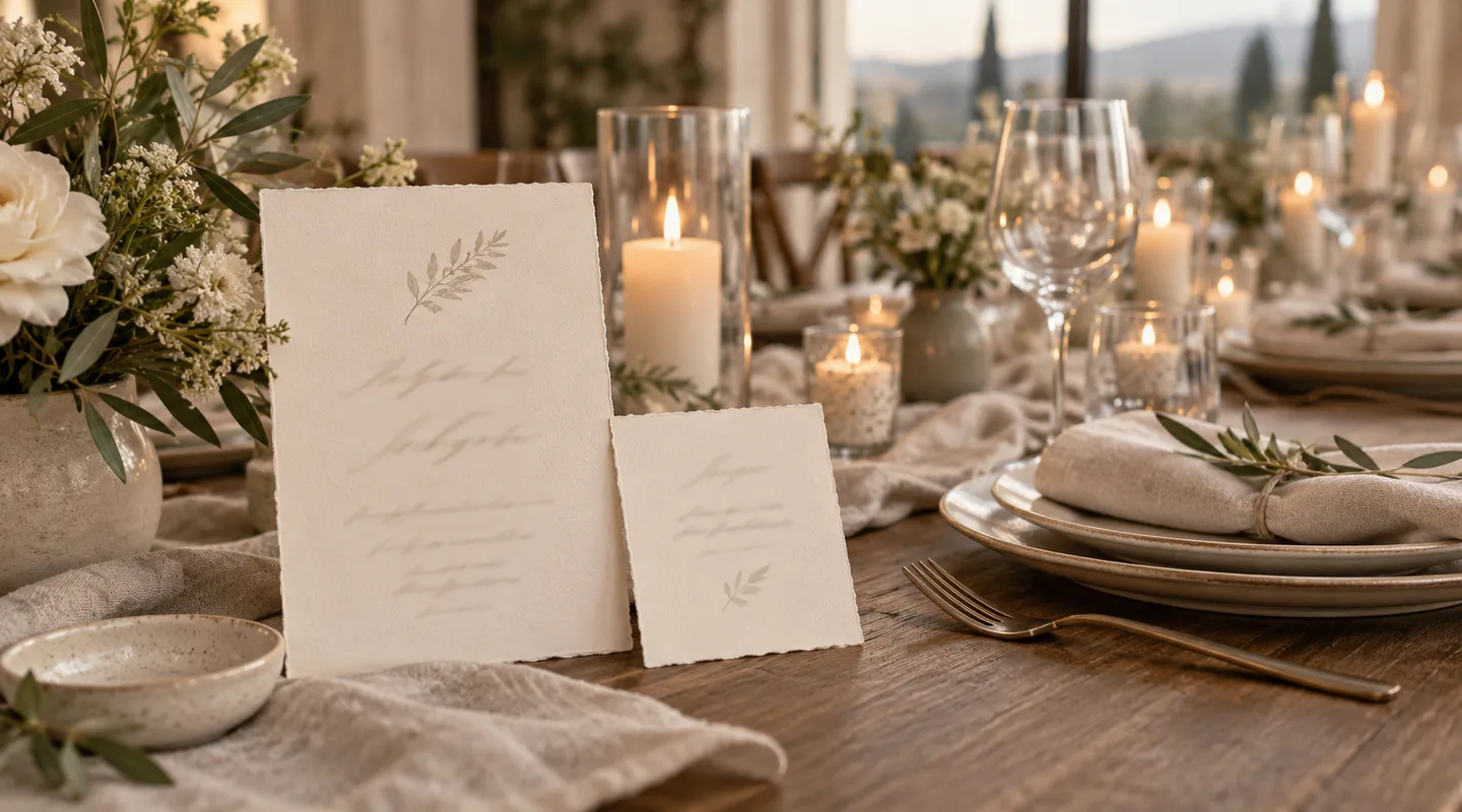 A large invitation and smaller insert beside place settings, candles and flowers on a dinner table.