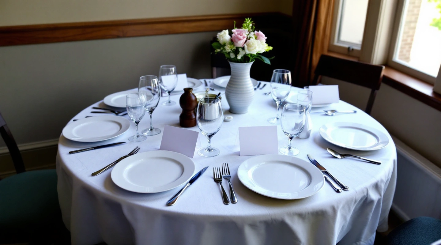 A round banquet table set with several blank place cards turned face-down.