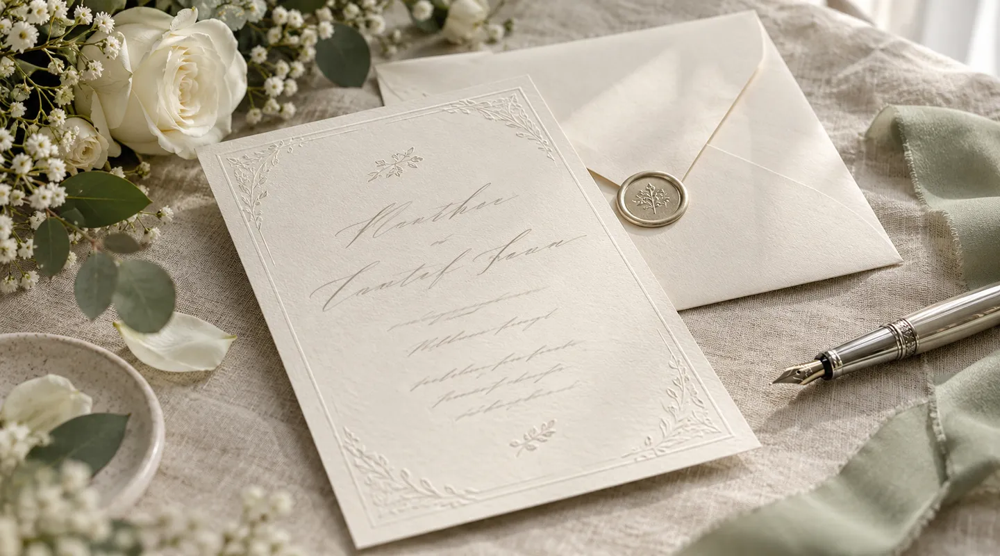 A formal cream invitation with an embossed border beside an envelope, flowers and a fountain pen.
