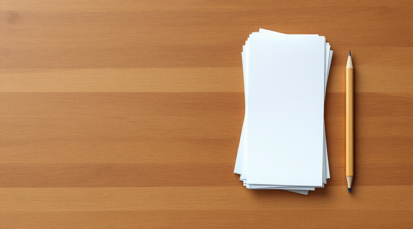A small stack of blank white receipts and a plain wooden pencil on a wooden desk.