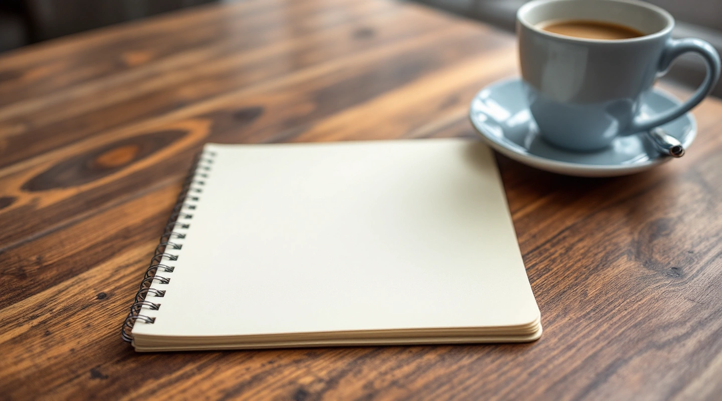 An open blank notebook and a pen beside a cup of coffee on a real wooden desk.