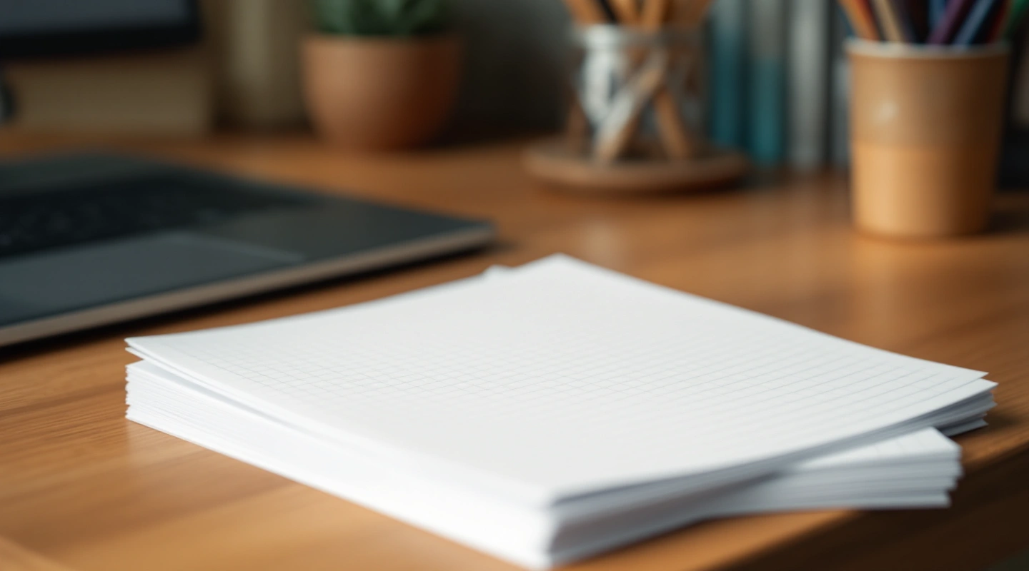 A neat stack of plain blank paper sheets aligned squarely on a table.