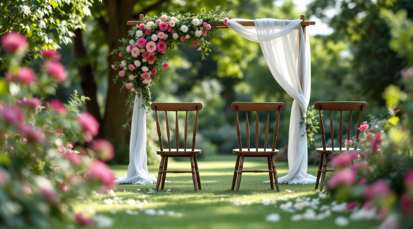 A simple garden ceremony arch with a few empty wooden chairs facing it.