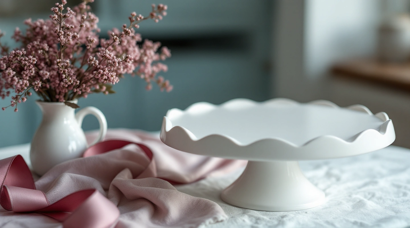 A plain white cake stand, empty, on a table.