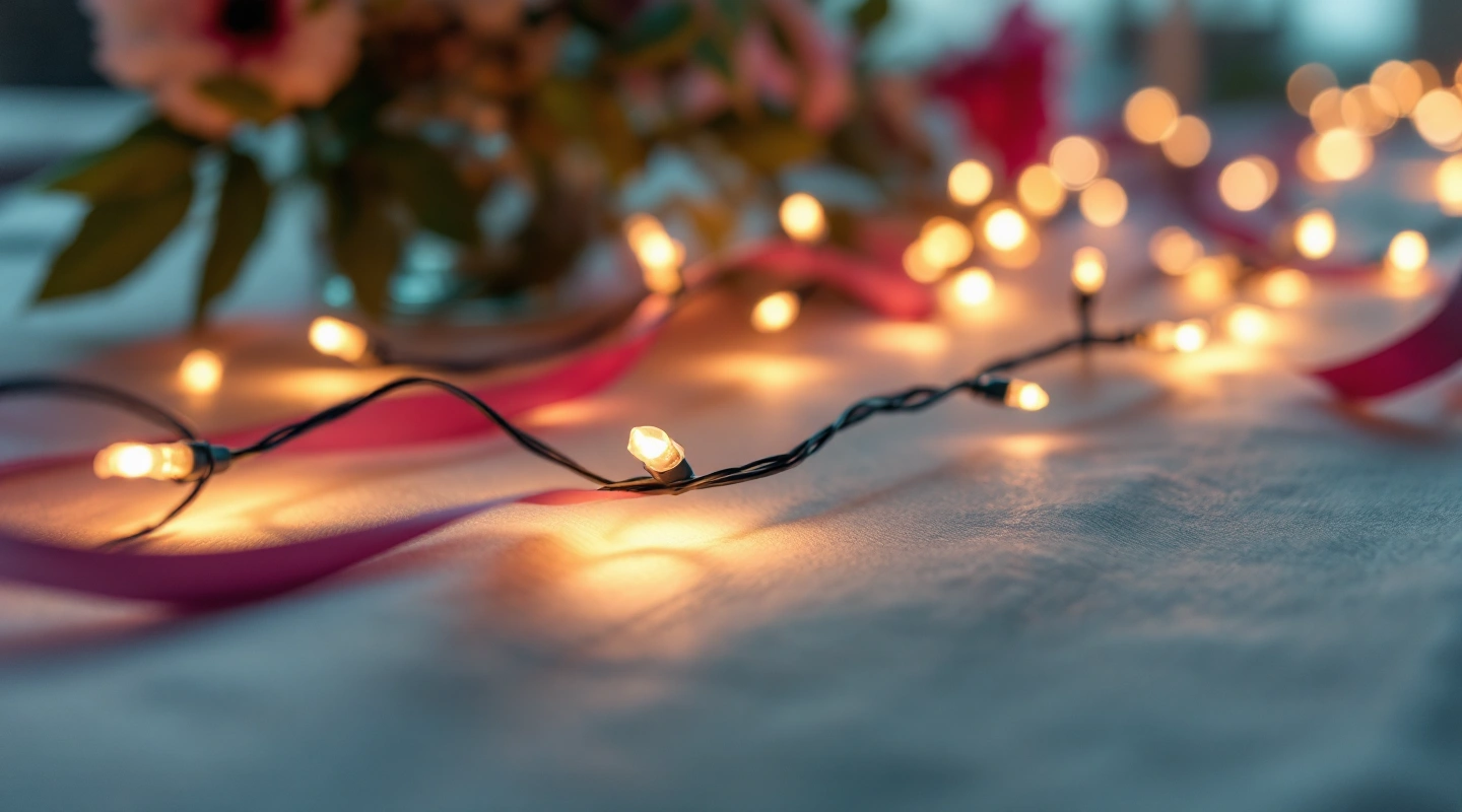 A string of small warm lights strung loosely over an empty reception table.