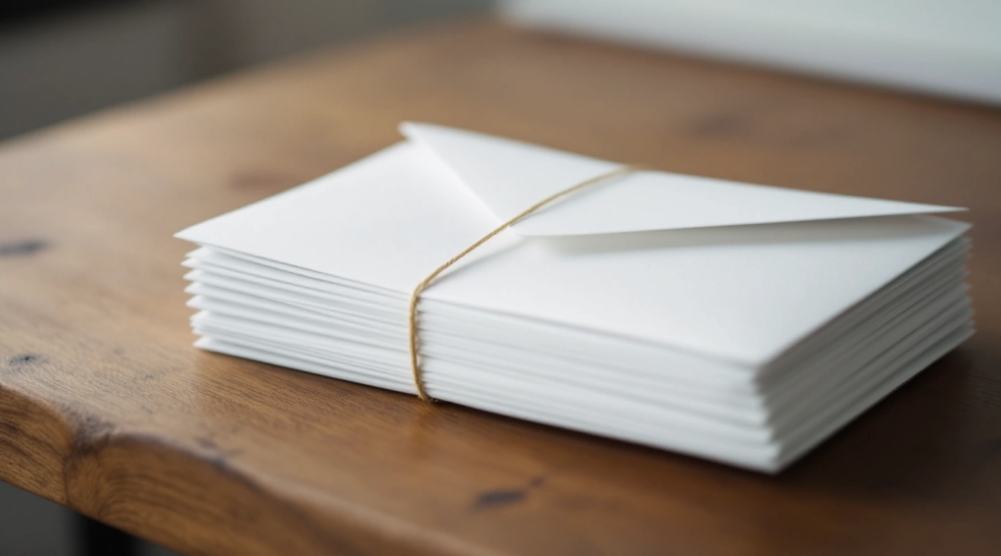 A small stack of plain envelopes tied together with twine.