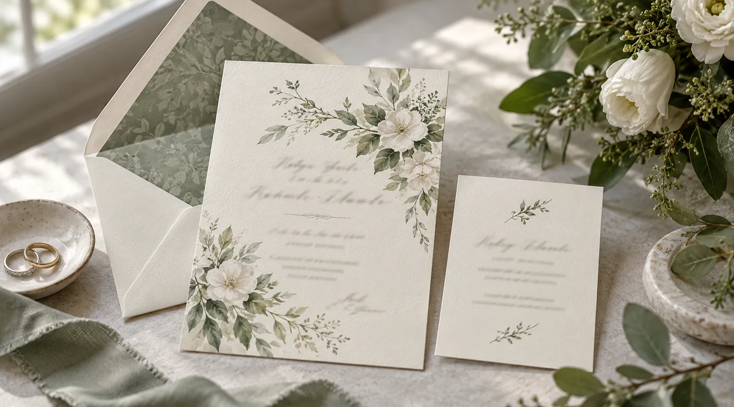A smaller details insert beside a larger floral invitation and matching envelope on linen.