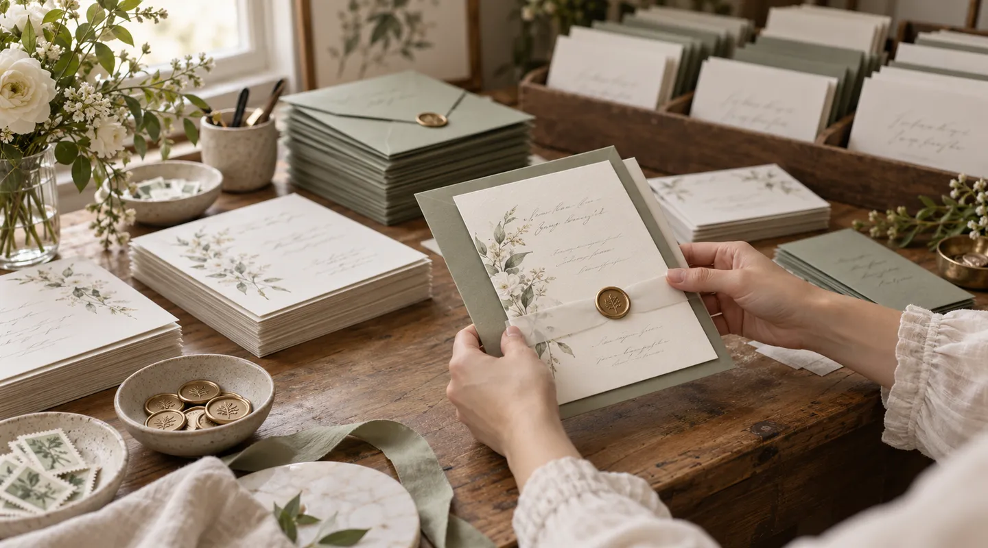 Hands arranging an invitation suite on a desk with sorted cards and stacks of envelopes.