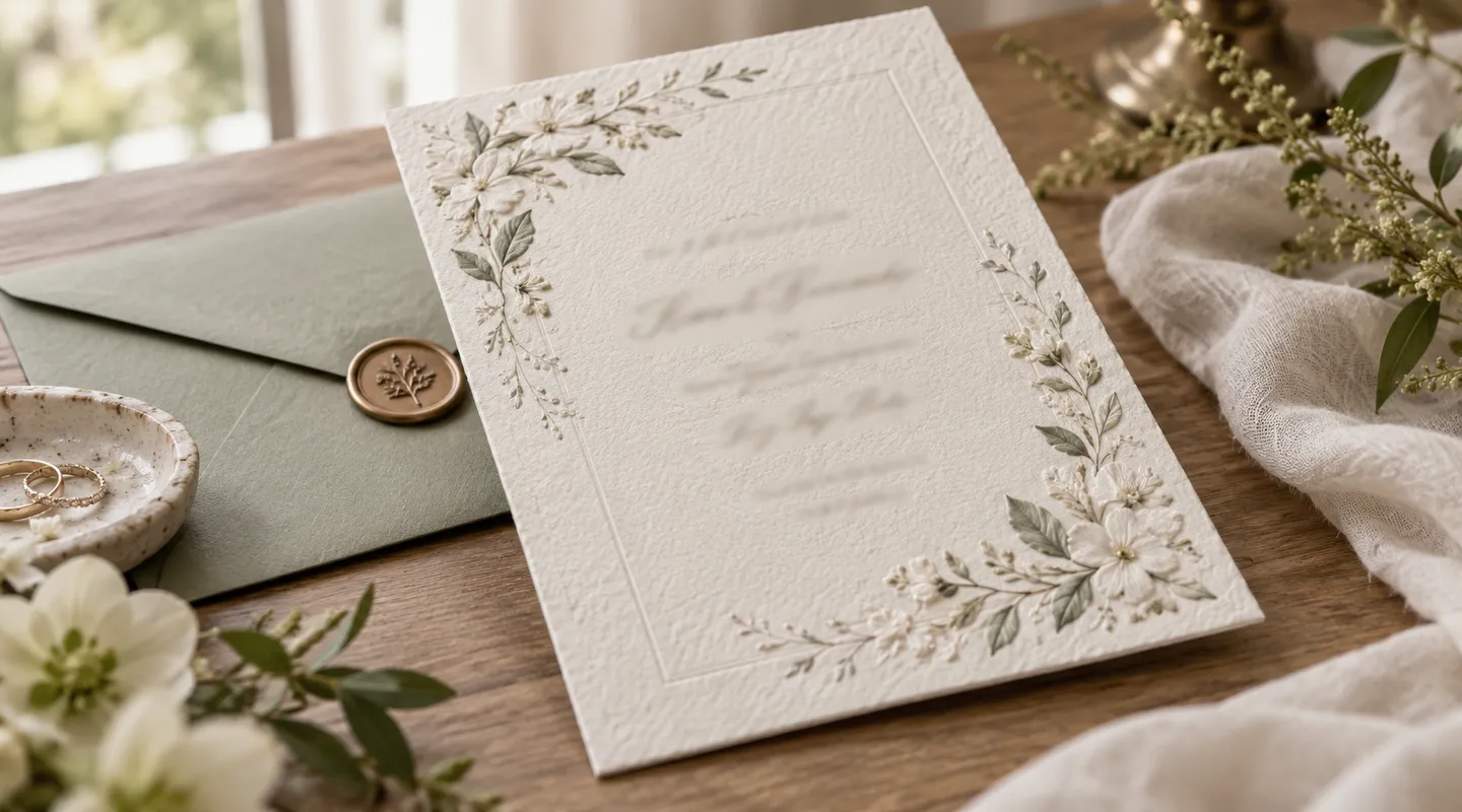 A thick floral invitation card with a pressed border angled beside a sage envelope on linen.