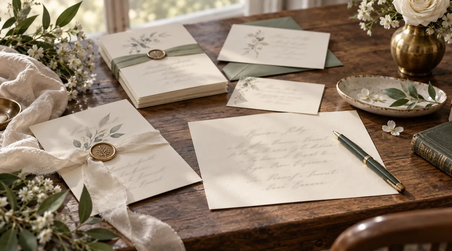 Several invitation cards with indistinct script arranged beside envelopes and a pen on a wooden table.