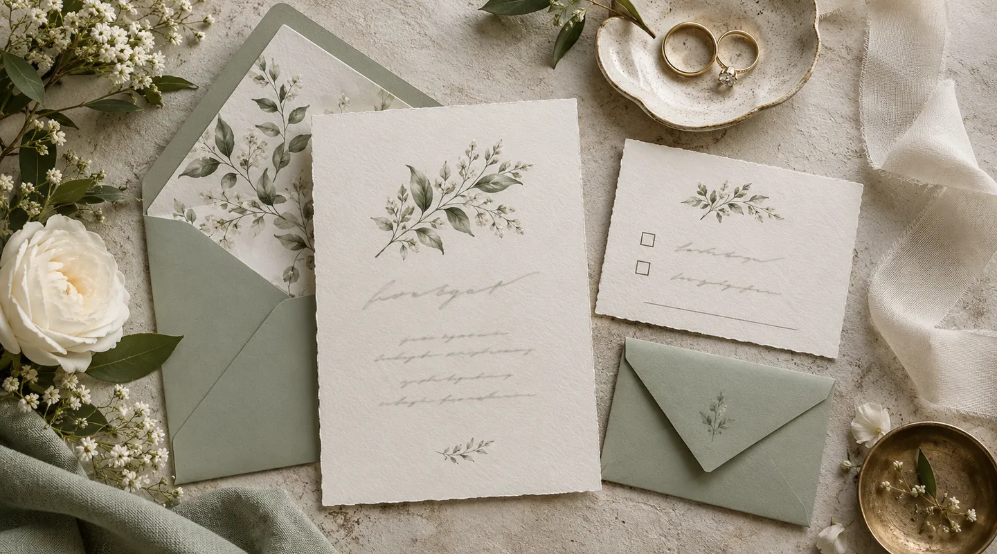 An invitation suite with a separate response card showing blank boxes and a small return envelope.