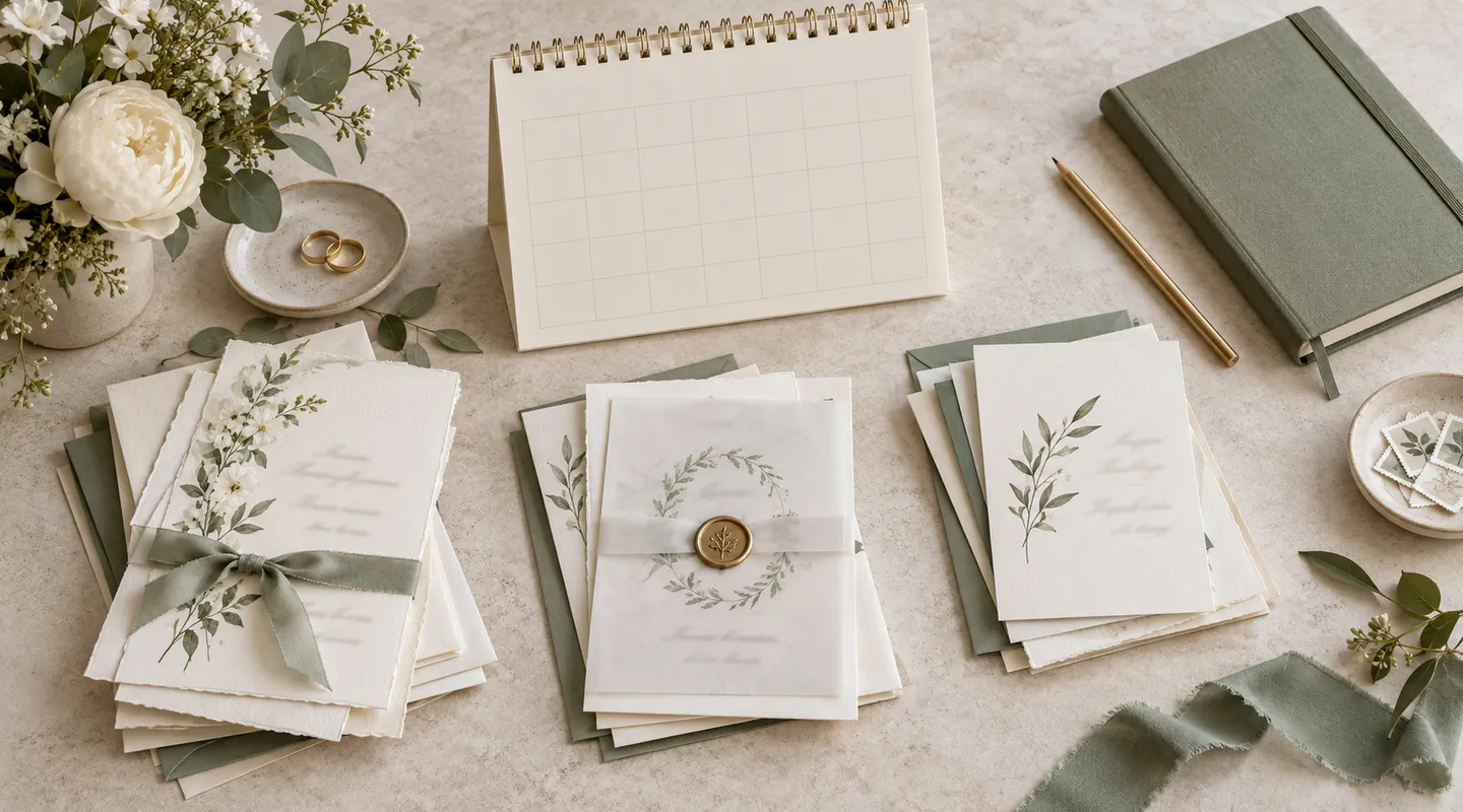 A blank desk calendar above invitation cards sorted into piles beside a closed planner.