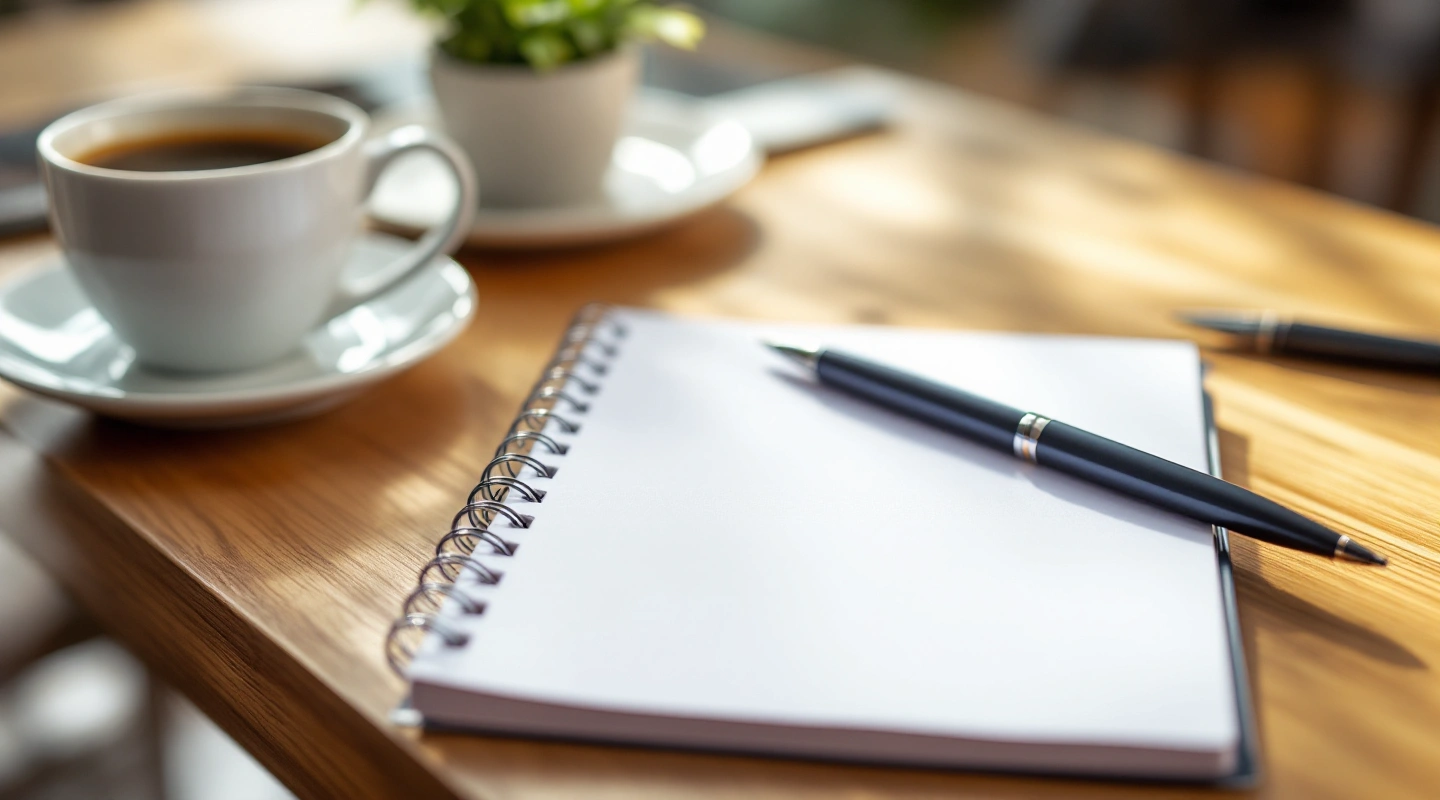 A blank spiral notepad and a pen on a real kitchen table beside a cup of coffee.