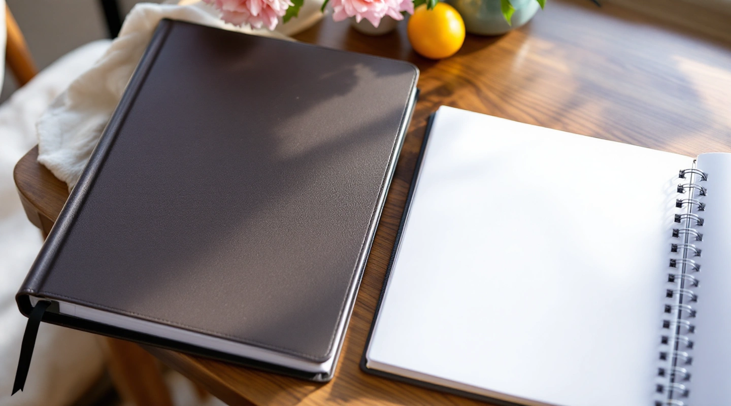 A closed wedding planning binder and an open blank notebook on a real wooden desk.